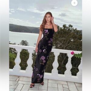 elliatt clio black purple 3d sequin flower embroidered velvet maxi gown dress XL